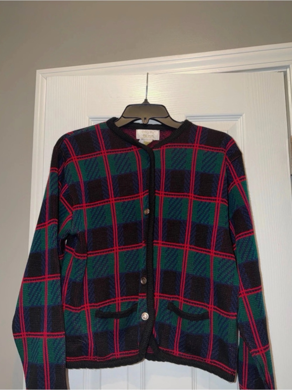 Tally Ho Green & Navy Plaid Cardigan with Red Trim